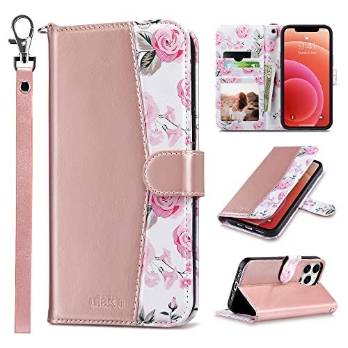 ULAK Compatible with iPhone 12 Pro Max Case with Card Holders, iPhone 12 Pro Max Case Wallet for Women, Durable PU Leather Flip Wristlet Stand Phone Cases for iPhone 12 Pro Max, Rose Gold