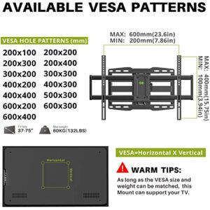 USX MOUNT Full Motion TV Wall Mount for Most 37-75 inch TV, Swivel and Tilt TV Mount with Dual Articulating Arms, Wall Mount TV Bracket Up to 132lbs, VESA 600x400mm, 16" Wood Studs, XML019