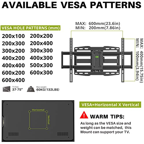 USX MOUNT Full Motion TV Wall Mount for Most 37-75 inch TV, Swivel and Tilt TV Mount with Dual Articulating Arms, Wall Mount TV Bracket Up to 132lbs, VESA 600x400mm, 16" Wood Studs, XML019