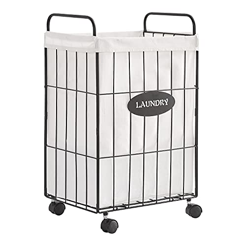 Mxfurhawa Iron Wire Laundry Hamper With Rolling Lockable Wheels, Folding Laundry Storage Basket with Handles,Detachable Liner Collapsible Dirty Laundry Hamper Cart Sorter Clothes Basket Organizer (23.6 inches)