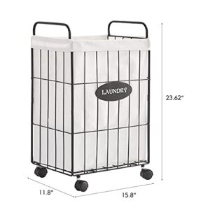 Mxfurhawa Iron Wire Laundry Hamper With Rolling Lockable Wheels, Folding Laundry Storage Basket with Handles,Detachable Liner Collapsible Dirty Laundry Hamper Cart Sorter Clothes Basket Organizer (23.6 inches)