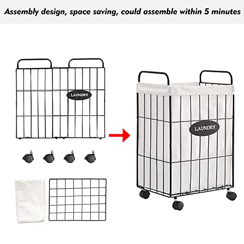 Mxfurhawa Iron Wire Laundry Hamper With Rolling Lockable Wheels, Folding Laundry Storage Basket with Handles,Detachable Liner Collapsible Dirty Laundry Hamper Cart Sorter Clothes Basket Organizer (23.6 inches)