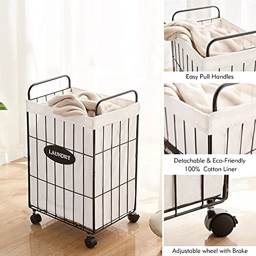 Mxfurhawa Iron Wire Laundry Hamper With Rolling Lockable Wheels, Folding Laundry Storage Basket with Handles,Detachable Liner Collapsible Dirty Laundry Hamper Cart Sorter Clothes Basket Organizer (23.6 inches)