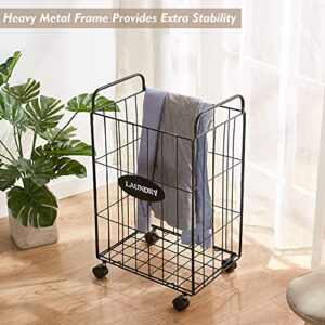 Mxfurhawa Iron Wire Laundry Hamper With Rolling Lockable Wheels, Folding Laundry Storage Basket with Handles,Detachable Liner Collapsible Dirty Laundry Hamper Cart Sorter Clothes Basket Organizer (23.6 inches)