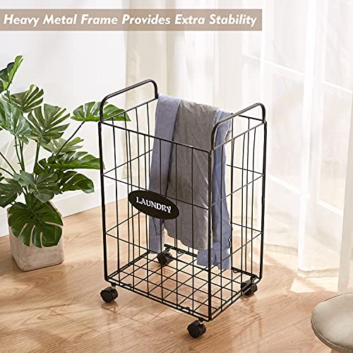 Mxfurhawa Iron Wire Laundry Hamper With Rolling Lockable Wheels, Folding Laundry Storage Basket with Handles,Detachable Liner Collapsible Dirty Laundry Hamper Cart Sorter Clothes Basket Organizer (23.6 inches)