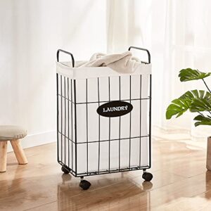 Mxfurhawa Iron Wire Laundry Hamper With Rolling Lockable Wheels, Folding Laundry Storage Basket with Handles,Detachable Liner Collapsible Dirty Laundry Hamper Cart Sorter Clothes Basket Organizer (23.6 inches)