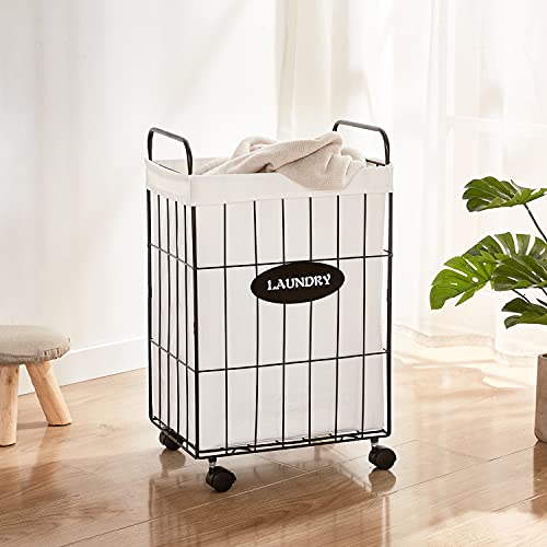 Mxfurhawa Iron Wire Laundry Hamper With Rolling Lockable Wheels, Folding Laundry Storage Basket with Handles,Detachable Liner Collapsible Dirty Laundry Hamper Cart Sorter Clothes Basket Organizer (23.6 inches)