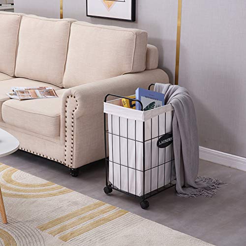 Mxfurhawa Iron Wire Laundry Hamper With Rolling Lockable Wheels, Folding Laundry Storage Basket with Handles,Detachable Liner Collapsible Dirty Laundry Hamper Cart Sorter Clothes Basket Organizer (23.6 inches)