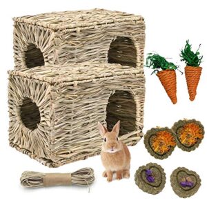 kathson 2 pcs rabbit grass house natural foldable hand woven seagrass bed carrot hay toy hut safe comfortable playhouse with bunny chew toys for bunny hamster guinea pig chinchilla ferret