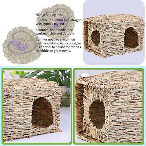 kathson 2 Pcs Rabbit Grass House Natural Foldable Hand Woven Seagrass Bed Carrot Hay Toy Hut Safe Comfortable Playhouse with Bunny Chew Toys for Bunny Hamster Guinea Pig Chinchilla Ferret