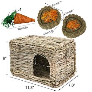 kathson 2 Pcs Rabbit Grass House Natural Foldable Hand Woven Seagrass Bed Carrot Hay Toy Hut Safe Comfortable Playhouse with Bunny Chew Toys for Bunny Hamster Guinea Pig Chinchilla Ferret