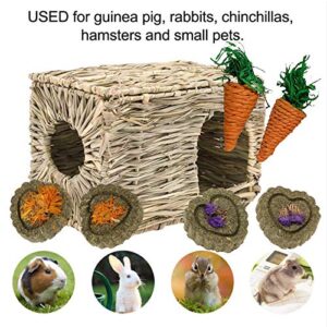 kathson 2 Pcs Rabbit Grass House Natural Foldable Hand Woven Seagrass Bed Carrot Hay Toy Hut Safe Comfortable Playhouse with Bunny Chew Toys for Bunny Hamster Guinea Pig Chinchilla Ferret