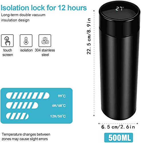 Intelligent Temperature Display Thermos Cup, 304 Stainless Steel Thermos Hot Coffee Cup, Travel Mug with LCD Touch Screen, Total Capacity 500ML (Black)