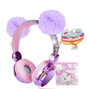 kids headphones, purple pom pom bear ear 2020 upgraded w/adjustable headband, over on ear headset w/mic for girls/teens/school/kindle/tablet/pc (wired)