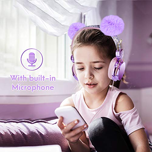 Kids Headphones, Purple POM POM Bear Ear 2020 Upgraded w/Adjustable Headband, Over On Ear Headset w/Mic for Girls/Teens/School/Kindle/Tablet/PC (Wired)