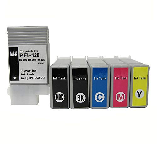 VC Compatible Ink Cartridge Replacement PFI-120 PFI-120MBK PFI-120BK PFI-120C PFI-120M PFI-120Y for Use On Canon PFI120 IPF TM-Series TM-200 TM-300 TM-305 Plotter 130ml Tank (6-Pack KCMY2MBK)