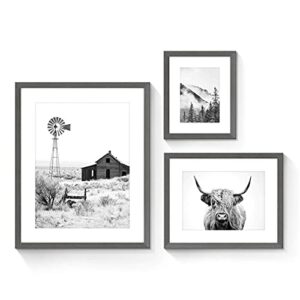 sunflax farmhouse animal framed wall art - highland yak and smoky mountain picture with black wooden frames for bathroom, living room, bedroom, office