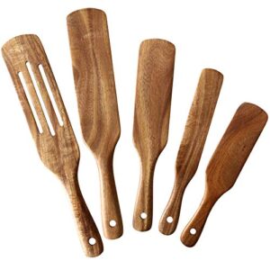 wooden cooking utensils, nayahose 5 pcs natural teak kitchen utensil set heat resistant non stick wood cookware with hanging hole, slotted spurtle spatula sets for stirring, mixing, serving