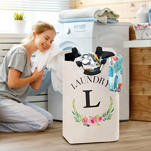 Laundry Hamper Personalized Floral Initial Laundry Basket Shopping Bag, Collapsible Fabric Laundry Hamper, Foldable Clothes Bag for Toy Bins, Gift Baskets, Bedroom, Clothes, Baby Hamper 2100087(L)