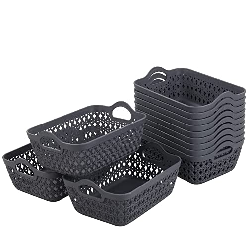 Readsky Small Plastic Storage Baskets with Handles, Desktop Weave Storage Baskets, Deep Grey, 12 Packs