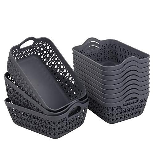 Readsky Small Plastic Storage Baskets with Handles, Desktop Weave Storage Baskets, Deep Grey, 12 Packs