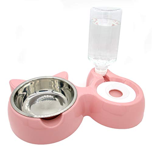 Double Bowl Water and Food Cat Feeder - Stainless Steel Bowl and Automatic Water Dispenser Bottle for Cats and Dogs