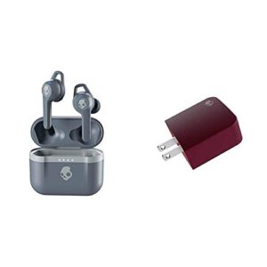 skullcandy indy evo true wireless in-ear earbud in chill grey with a fix rapid ac adapter with double usb port in deep red