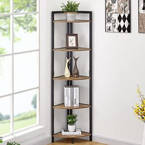 fatorri industrial corner shelf, 5 tier tall corner bookshelf, wood and metal corner bookcase (rustic oak)…