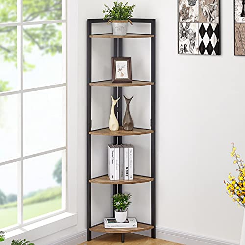 FATORRI Industrial Corner Shelf, 5 Tier Tall Corner Bookshelf, Wood and Metal Corner Bookcase (Rustic Oak)…