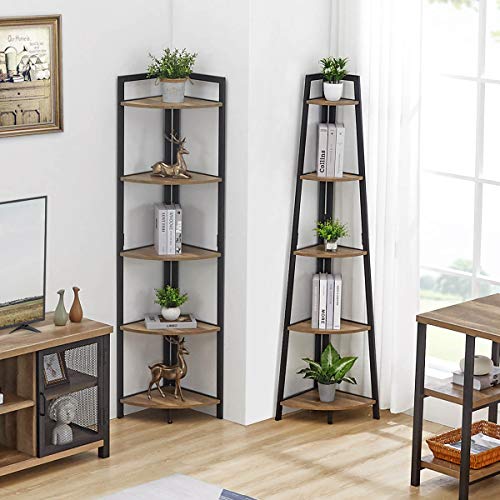 FATORRI Industrial Corner Shelf, 5 Tier Tall Corner Bookshelf, Wood and Metal Corner Bookcase (Rustic Oak)…