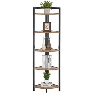 FATORRI Industrial Corner Shelf, 5 Tier Tall Corner Bookshelf, Wood and Metal Corner Bookcase (Rustic Oak)…