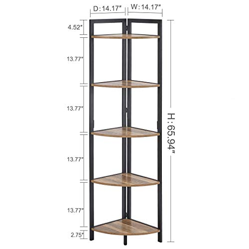 FATORRI Industrial Corner Shelf, 5 Tier Tall Corner Bookshelf, Wood and Metal Corner Bookcase (Rustic Oak)…