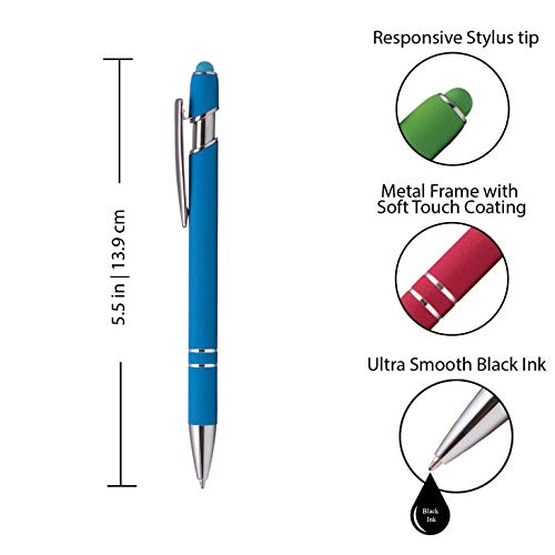 Rubberized Soft Touch | Burst of Color | Ballpoint Pen with Stylus Tip a stylish, premium metal pen, black ink, medium point (Assorted, 7)