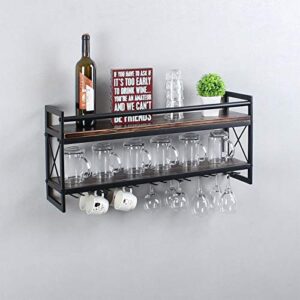 OISSIO Industrial Stemware Rack,Wine Rack Wall Mounted with Wood Shelves,2 Tier Stemware Storage with 7 Stem Glass Holder for Wine Glasses,Mugs,Home Decor,Retro Black(30 inch)