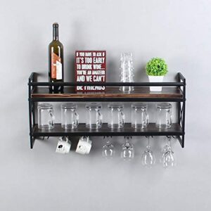 OISSIO Industrial Stemware Rack,Wine Rack Wall Mounted with Wood Shelves,2 Tier Stemware Storage with 7 Stem Glass Holder for Wine Glasses,Mugs,Home Decor,Retro Black(30 inch)