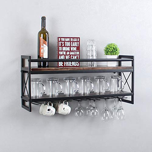 OISSIO Industrial Stemware Rack,Wine Rack Wall Mounted with Wood Shelves,2 Tier Stemware Storage with 7 Stem Glass Holder for Wine Glasses,Mugs,Home Decor,Retro Black(30 inch)