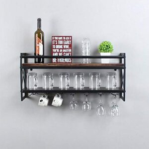 OISSIO Industrial Stemware Rack,Wine Rack Wall Mounted with Wood Shelves,2 Tier Stemware Storage with 7 Stem Glass Holder for Wine Glasses,Mugs,Home Decor,Retro Black(30 inch)