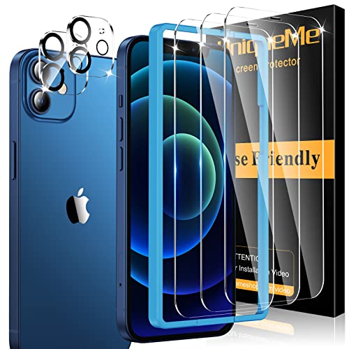 UniqueMe [3+2 Pack] for iPhone 12 Mini Screen Protector, (Military-Grade Shockproof) with 3 Tempered Glass Screen and 2 Camera Lens Protector and Installation Frame Clear Screen Cover