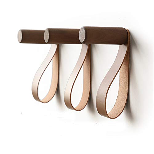 XAOMLP Wooden Hooks with Leather for Wall Mounted Single Hangers, Handmade Craft for Coats Hat Bags Rack 3pcs (Walnut)