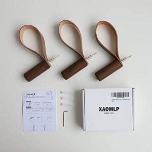 XAOMLP Wooden Hooks with Leather for Wall Mounted Single Hangers, Handmade Craft for Coats Hat Bags Rack 3pcs (Walnut)