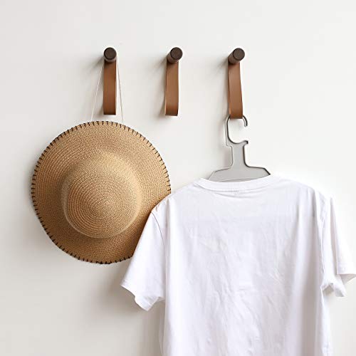 XAOMLP Wooden Hooks with Leather for Wall Mounted Single Hangers, Handmade Craft for Coats Hat Bags Rack 3pcs (Walnut)