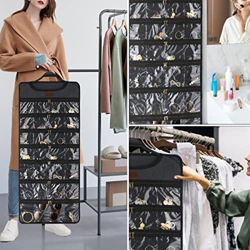 SMRITI Hanging Jewelry Organizer with Dual Zippered Pockets Canvas Double Sided Rotating Hanger Necklace Hanging Wall Organizer Earring Dustproof Holder Wall Mount Accessories Display Bag(Dark Grey)