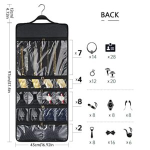 SMRITI Hanging Jewelry Organizer with Dual Zippered Pockets Canvas Double Sided Rotating Hanger Necklace Hanging Wall Organizer Earring Dustproof Holder Wall Mount Accessories Display Bag(Dark Grey)