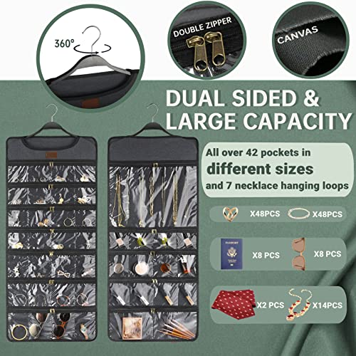 SMRITI Hanging Jewelry Organizer with Dual Zippered Pockets Canvas Double Sided Rotating Hanger Necklace Hanging Wall Organizer Earring Dustproof Holder Wall Mount Accessories Display Bag(Dark Grey)