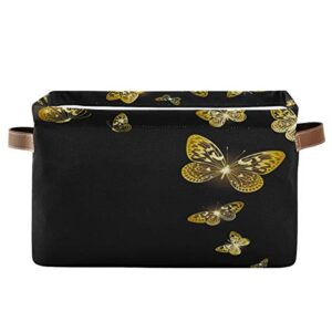 agona black beautiful gold butterfly foldable storage bins large collapsible fabric storage baskets with leather handles organizing box for shelves home bedroom nursery office 2 pack