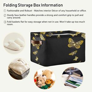 AGONA Black Beautiful Gold Butterfly Foldable Storage Bins Large Collapsible Fabric Storage Baskets with Leather Handles Organizing Box for Shelves Home Bedroom Nursery Office 2 Pack