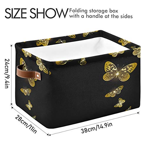 AGONA Black Beautiful Gold Butterfly Foldable Storage Bins Large Collapsible Fabric Storage Baskets with Leather Handles Organizing Box for Shelves Home Bedroom Nursery Office 2 Pack