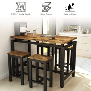 MIERES Dining Table Set for 4 - 5pcs Kitchen Counter with Bar Stools, Sturdy Metal Frame Home | Pub | Living Room | Breakfast Nook Furniture-34.7"H, Vintage Brown