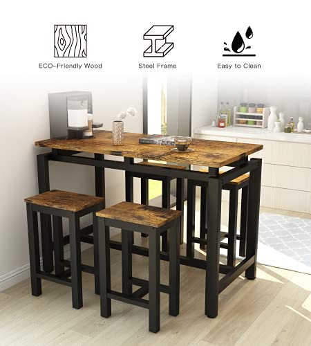 MIERES Dining Table Set for 4 - 5pcs Kitchen Counter with Bar Stools, Sturdy Metal Frame Home | Pub | Living Room | Breakfast Nook Furniture-34.7"H, Vintage Brown