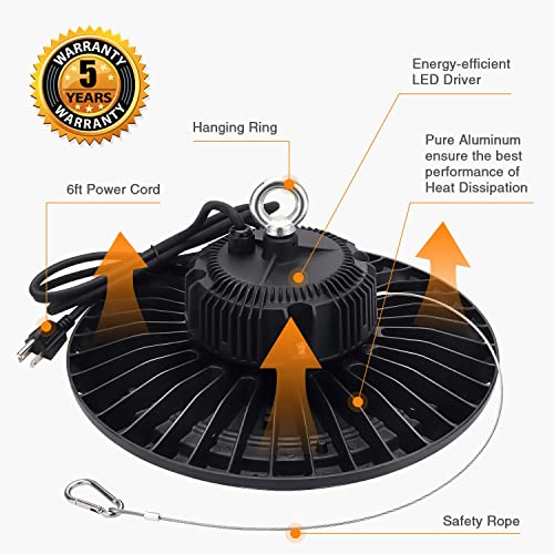 100W UFO LED High Bay Light 15000lm 5000K IP65 UL Approved 6' Cable with US Plug Alternative to 400W MH/HPS widely Used for Warehouse Shop Workshop Industrial Factory